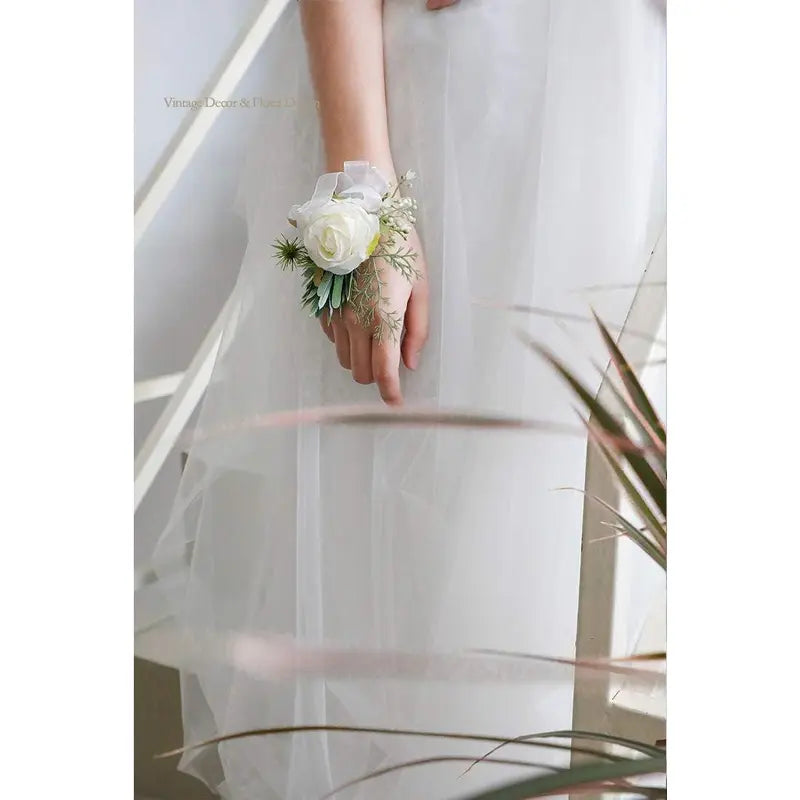 Rustic Chic Wedding Wrist Corsage & Boutonniere Set - Ivory Silk Rose, Adjustable Pearl Bracelet, Handcrafted Pearl Accents, Formal Outdoor Unisex for Wedding Prom, 1 Corsage & 1 Boutonniere, Beach
