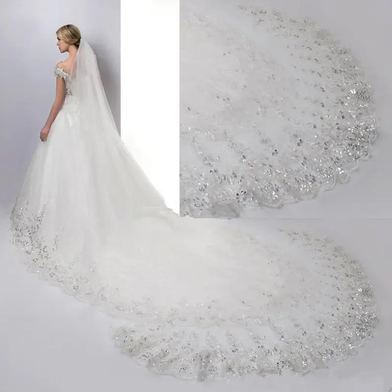 Bridal Veil - Classic 3m Long Train, 1.6m Wide Soft Plain Sheer Tulle, Scalloped Sparkling Silver Sequin Lace Edge, Attached Comb, Wedding Veils for Brides