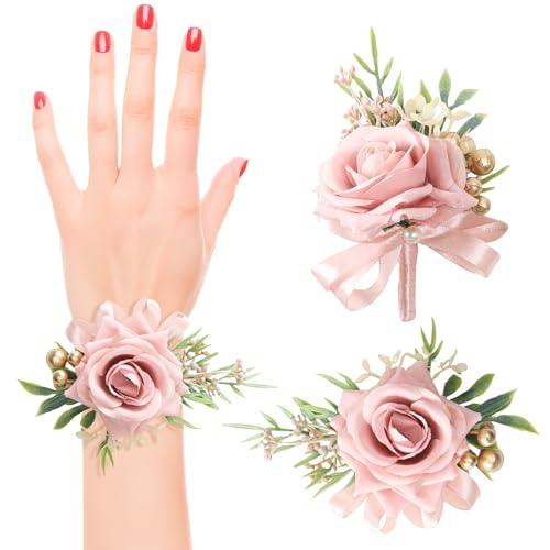 2 Pcs Blue Rose Wrist Corsage and Boutonniere Set, Rose Corsage Hand for Women, Boutonniere for Men Wedding Artificial Flowers Accessories Prom Decor, Wedding Flower Party Accessories (Blue)