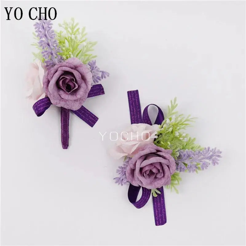 Romantic Chic Purple Handmade Artificial Silk Flower Corsage & Boutonniere Set - Realistic Look, Long-Lasting, All Year Beautiful Romantic Fashion Wrist Bracelet & Brooch Jewelry for Bride, Birthday Gifts, Party Decoration