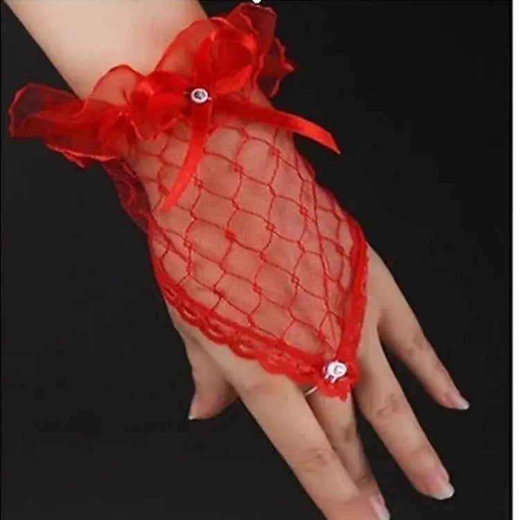 Womens' Wedding Gloves Fingerless Rhinestone Lace for Brides and Bridesmaids Bow White Black Red