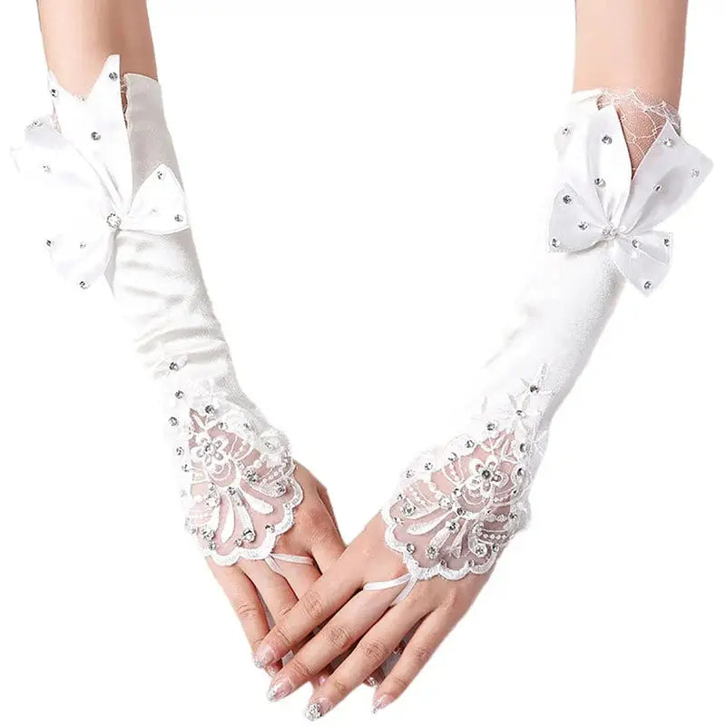Satin Long Women’s Wedding Gloves Ivory Fingerless Lace Bridal Crystal Bow Flower for Bride Rhinestone Accessory