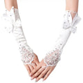 Satin Long Women’s Wedding Gloves Ivory Fingerless Lace Bridal Crystal Bow Flower for Bride Rhinestone Accessory