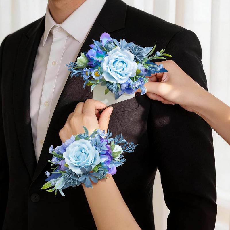 Wedding 2Pcs Pre-Made Ready-to-Use Corsage & Boutonniere Set - Pastel Soft Classic Silk Champagne Rose Wristlet Corsage, Pocket Boutonniere for Bridal Shower, Prom