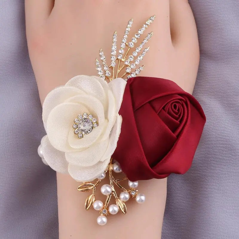 Bridal Groom Polyester Floral Jewelry Set - Groom's Boutonniere, Bride's Wrist Corsage, Elegant Cream Blooms with Dark Greenery for Wedding Ceremony