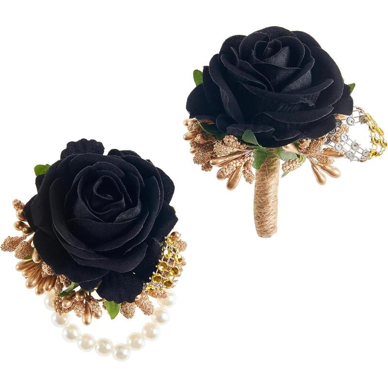 Unisex 2-Piece Handmade Silk Red Rose Corsage & Boutonniere Set - 100% Handmade, 2.7inches x 2.7inches, Wrist Corsage, Pin, Gift Box, Wedding, Banquets, All Seasons Formal Occasions
