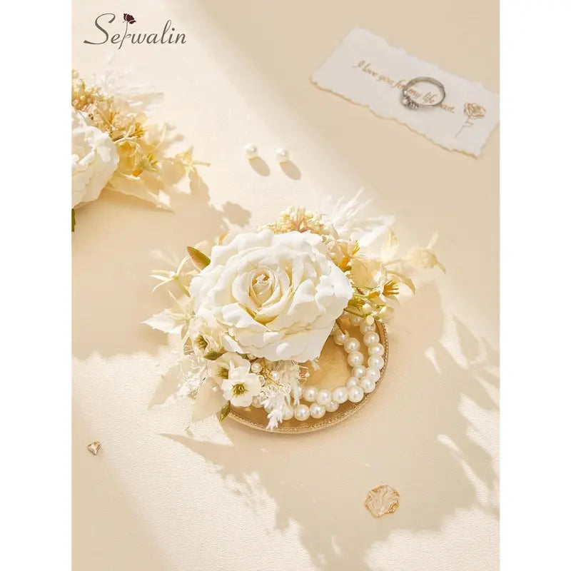 Wedding 2Pcs Pre-Made Ready-to-Use Corsage & Boutonniere Set - Pastel Soft Classic Silk Champagne Rose Wristlet Corsage, Pocket Boutonniere for Bridal Shower, Prom