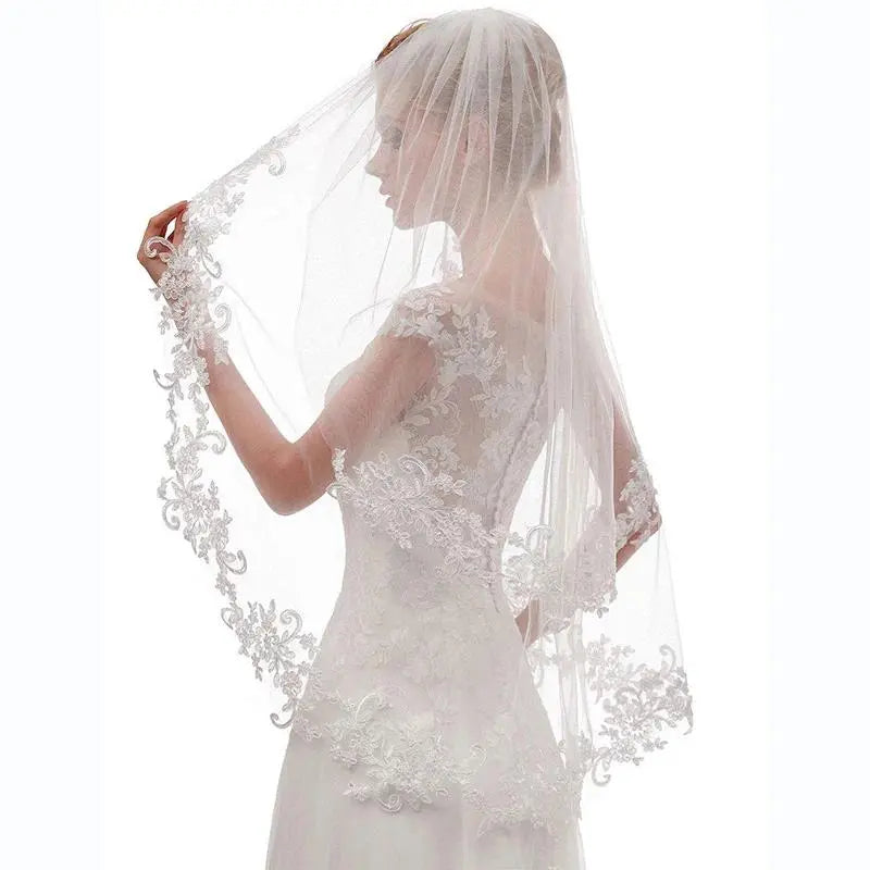 Wedding Bridal Veil 2 Tier Flower Lace Applique Edge Fingertip Length Tulle Veil with Comb for Brides White Ivory