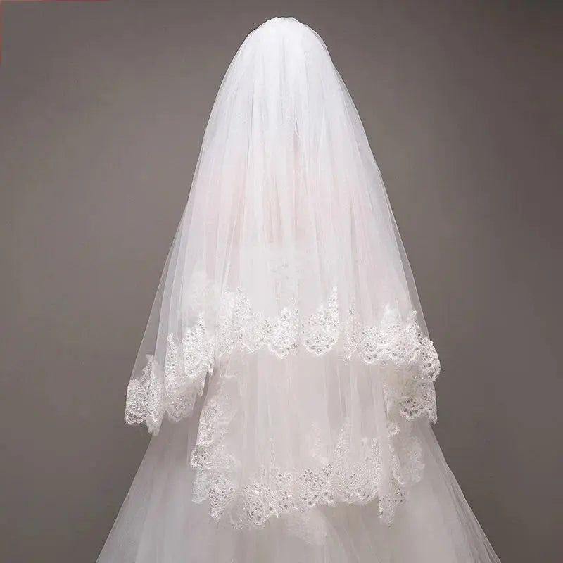 Lace Appliqued Wedding Veil with Comb 2-Tier Sequins Bridal Veils Soft Tulle for Brides