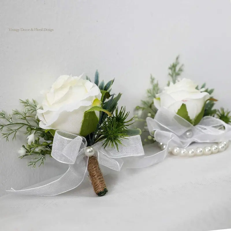 Rustic Chic Wedding Wrist Corsage & Boutonniere Set - Ivory Silk Rose, Adjustable Pearl Bracelet, Handcrafted Pearl Accents, Formal Outdoor Unisex for Wedding Prom, 1 Corsage & 1 Boutonniere, Beach