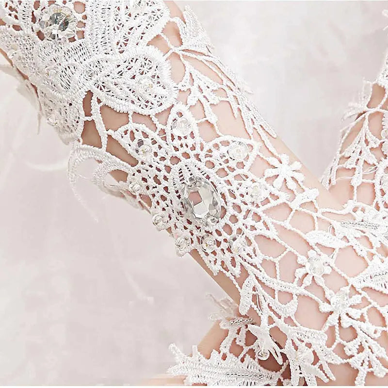 Lace Crystal Women’s Wedding Gloves Fingerless Elbow Bridal Floral Ivory Long Accessory for Bride