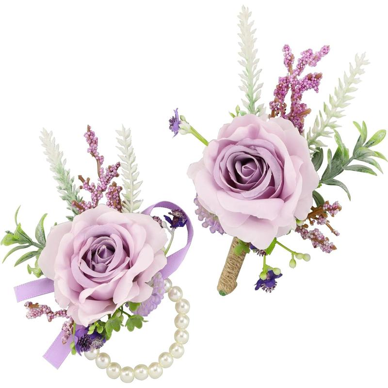 Unisex 2-Piece Handmade Silk Red Rose Corsage & Boutonniere Set - 100% Handmade, 2.7inches x 2.7inches, Wrist Corsage, Pin, Gift Box, Wedding, Banquets, All Seasons Formal Occasions