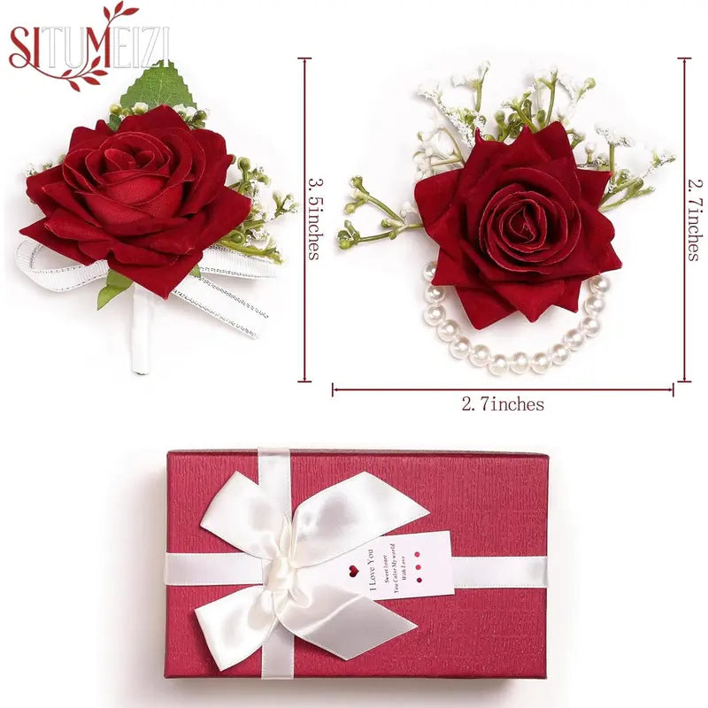 Unisex 2-Piece Handmade Silk Red Rose Corsage & Boutonniere Set - 100% Handmade, 2.7inches x 2.7inches, Wrist Corsage, Pin, Gift Box, Wedding, Banquets, All Seasons Formal Occasions