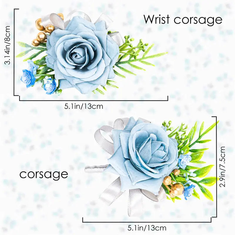 2 Pcs Blue Rose Wrist Corsage and Boutonniere Set, Rose Corsage Hand for Women, Boutonniere for Men Wedding Artificial Flowers Accessories Prom Decor, Wedding Flower Party Accessories (Blue)