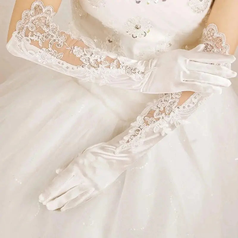 Elegant Satin Lace Gloves Long Bridal Gloves for Bride Flower Girls Women Wedding Prom Party