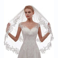 Wedding Bridal Veil 2 Tier Flower Lace Applique Edge Fingertip Length Tulle Veil with Comb for Brides White Ivory