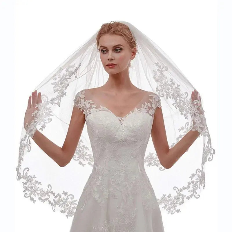 Wedding Bridal Veil 2 Tier Flower Lace Applique Edge Fingertip Length Tulle Veil with Comb for Brides White Ivory
