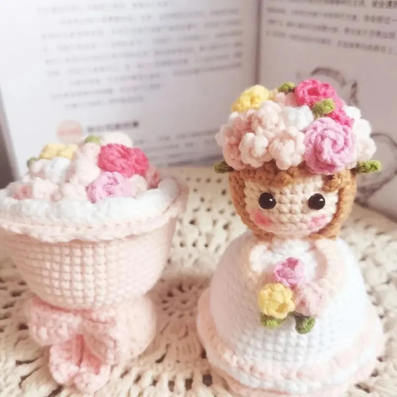 Handmade Crochet Cross-Dressing Bride Doll Knitted Finished Flower Bouquet Decoration Girls Birthday Gift Knitting Supplies