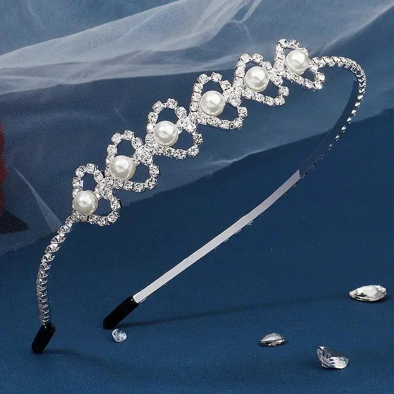 Silver Rhinestone Hair Crown with Ivory Pearl Vintage Crystal Bridal Wedding Tiara Bride Headpiece Crowns Mom-Daughter Headband