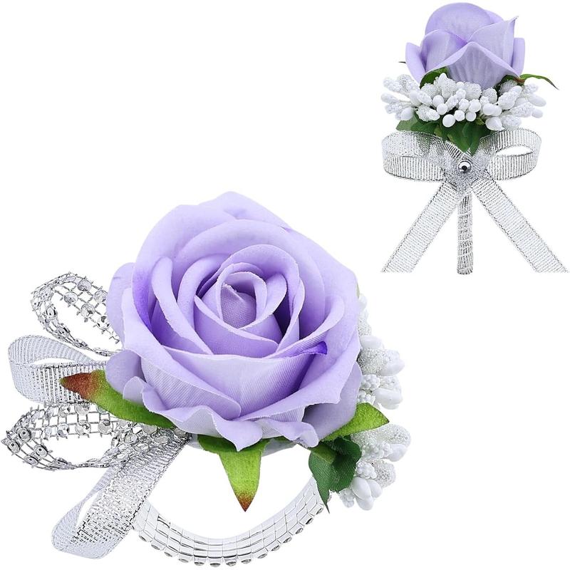 2Pcs Light Blue Rose Corsage and Boutonniere Set, Artificial Wrist Corsage Wristlet Bracelets, Men Boutonniere for Wedding Party Homecoming Formal Dinner Flowers Accessories Prom Suit Decor