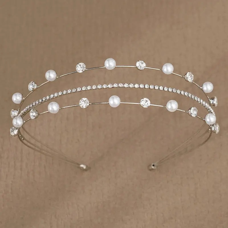 Silver Rhinestone Hair Crown with Ivory Pearl Vintage Crystal Bridal Wedding Tiara Bride Headpiece Crowns Mom-Daughter Headband