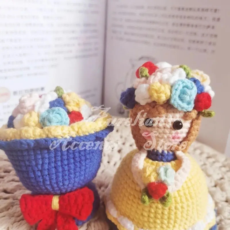 Handmade Crochet Cross-Dressing Bride Doll Knitted Finished Flower Bouquet Decoration Girls Birthday Gift Knitting Supplies
