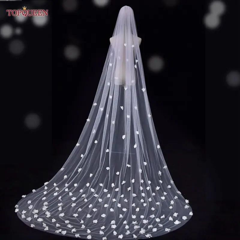 TOPQUEEN V20s 3D Flowers Wedding Veil Luxurious Bridal Veils Wedding Long Veu Bride 5 Meters Cathedral Drop Veil Pure White VEIL