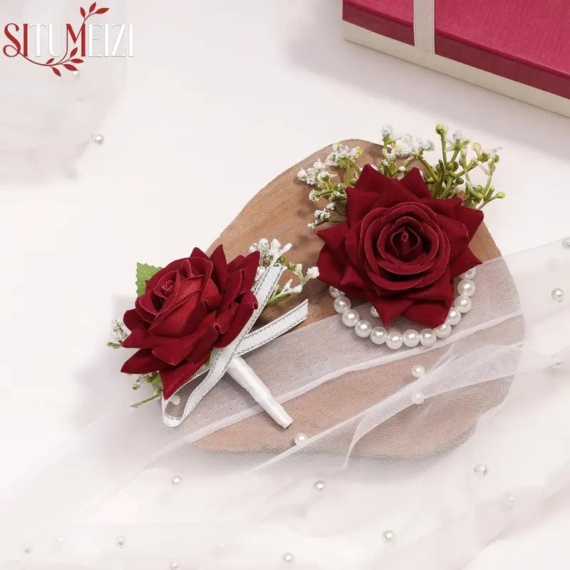 Unisex 2-Piece Handmade Silk Red Rose Corsage & Boutonniere Set - 100% Handmade, 2.7inches x 2.7inches, Wrist Corsage, Pin, Gift Box, Wedding, Banquets, All Seasons Formal Occasions