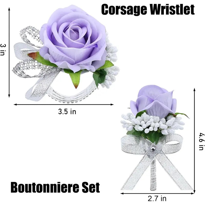 2Pcs Light Purple Rose Corsage and Boutonniere Set, Artificial Wrist Corsage Wristlet Bracelets, Men Boutonniere for Wedding Anniversary Party Homecoming Flowers Accessories Prom Decor