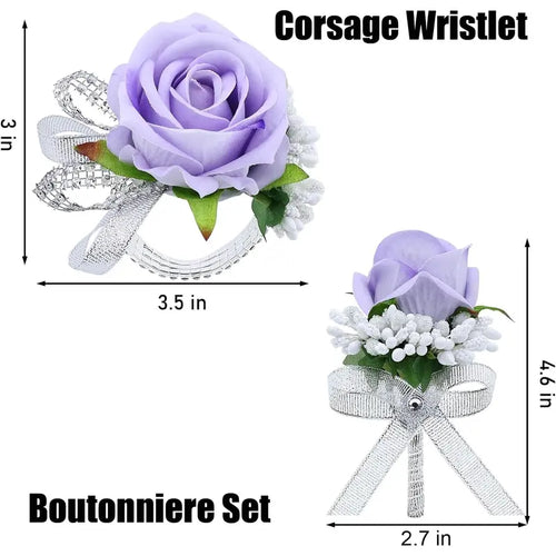2Pcs Light Purple Rose Corsage and Boutonniere Set, Artificial Wrist Corsage Wristlet Bracelets, Men Boutonniere for Wedding Anniversary Party Homecoming Flowers Accessories Prom Decor