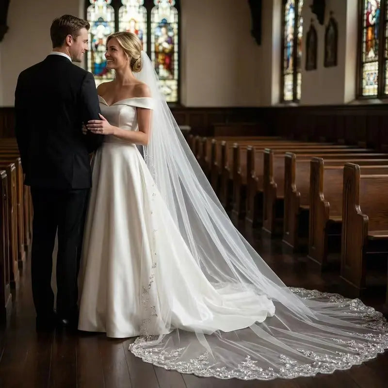 Bridal Veil - Classic 3m Long Train, 1.6m Wide Soft Plain Sheer Tulle, Scalloped Sparkling Silver Sequin Lace Edge, Attached Comb, Wedding Veils for Brides