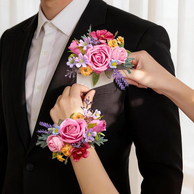 Wedding 2Pcs Pre-Made Ready-to-Use Corsage & Boutonniere Set - Pastel Soft Classic Silk Champagne Rose Wristlet Corsage, Pocket Boutonniere for Bridal Shower, Prom
