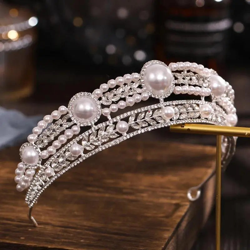 Baroque Crystal Bride Pearl Bridal Tiaras Diana Crown Rhinestone Pageant Diadem Headband Wedding Hair Accessories Tiara De Noiva