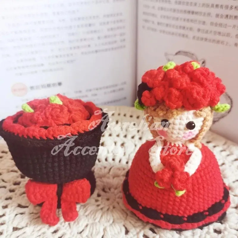 Handmade Crochet Cross-Dressing Bride Doll Knitted Finished Flower Bouquet Decoration Girls Birthday Gift Knitting Supplies