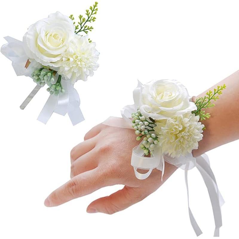 2 Pack Rose Wrist Corsages Wristband Hand Flowers for Wedding Bridesmaid Bridal Shower Prom Party (2 Wrist Corsages White)