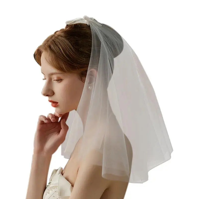 V740 Wedding Bridal Short Veil Two-Layer Tulle Satin Bow White Shoulder Handmade Brides to Be Women Headdress Veil