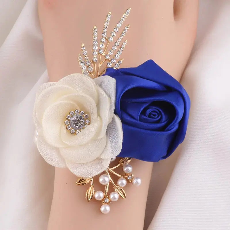 Bridal Groom Polyester Floral Jewelry Set - Groom's Boutonniere, Bride's Wrist Corsage, Elegant Cream Blooms with Dark Greenery for Wedding Ceremony