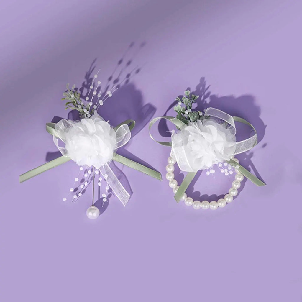 Simple Artificial Pearl Decorated Wrist Corsage & Boutonniere, Elegant Wedding Bridal Party Decoration, Fashion Accessories for Wedding Party