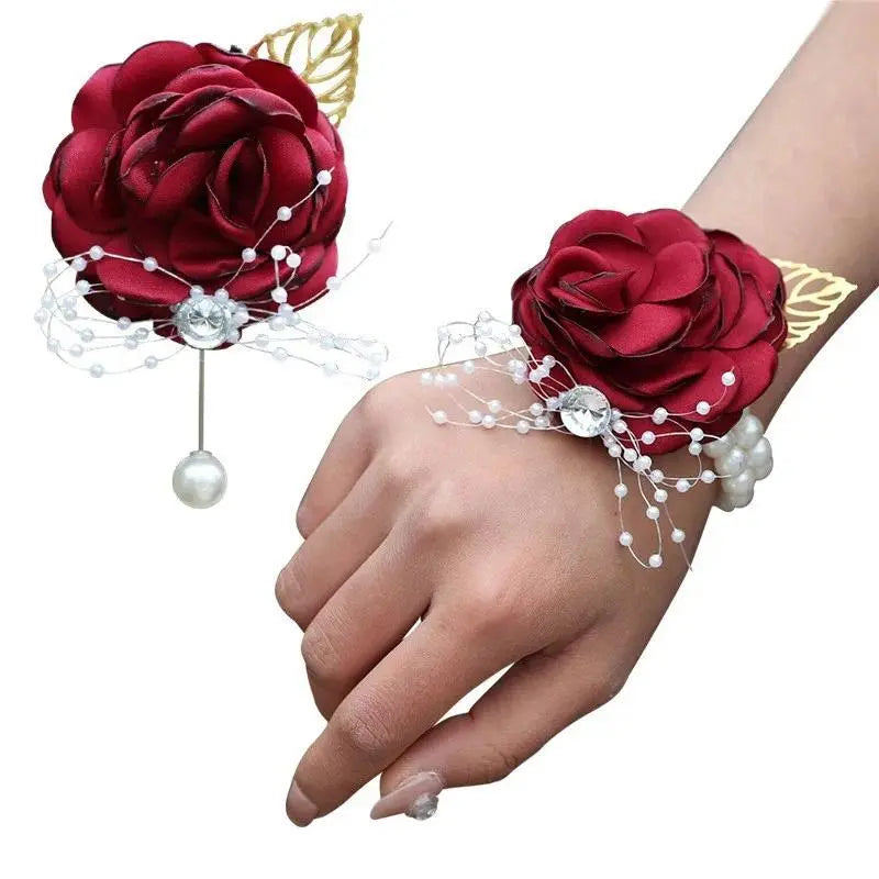 Wedding Wrist Corsage Boutonniere Set for Bride Bridesmaid Man Groom Pink Rose Wedding Flowers Accessories Prom Suit Decorations