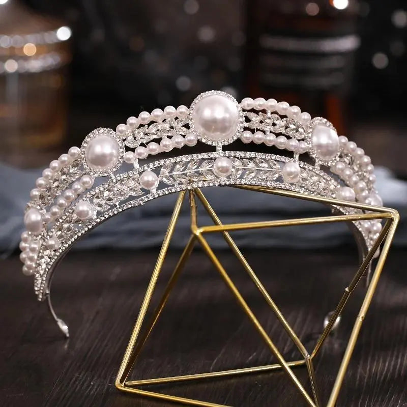 Baroque Crystal Bride Pearl Bridal Tiaras Diana Crown Rhinestone Pageant Diadem Headband Wedding Hair Accessories Tiara De Noiva