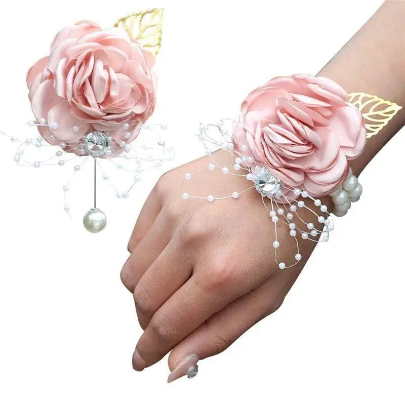 Wedding Wrist Corsage Boutonniere Set for Bride Bridesmaid Man Groom Pink Rose Wedding Flowers Accessories Prom Suit Decorations