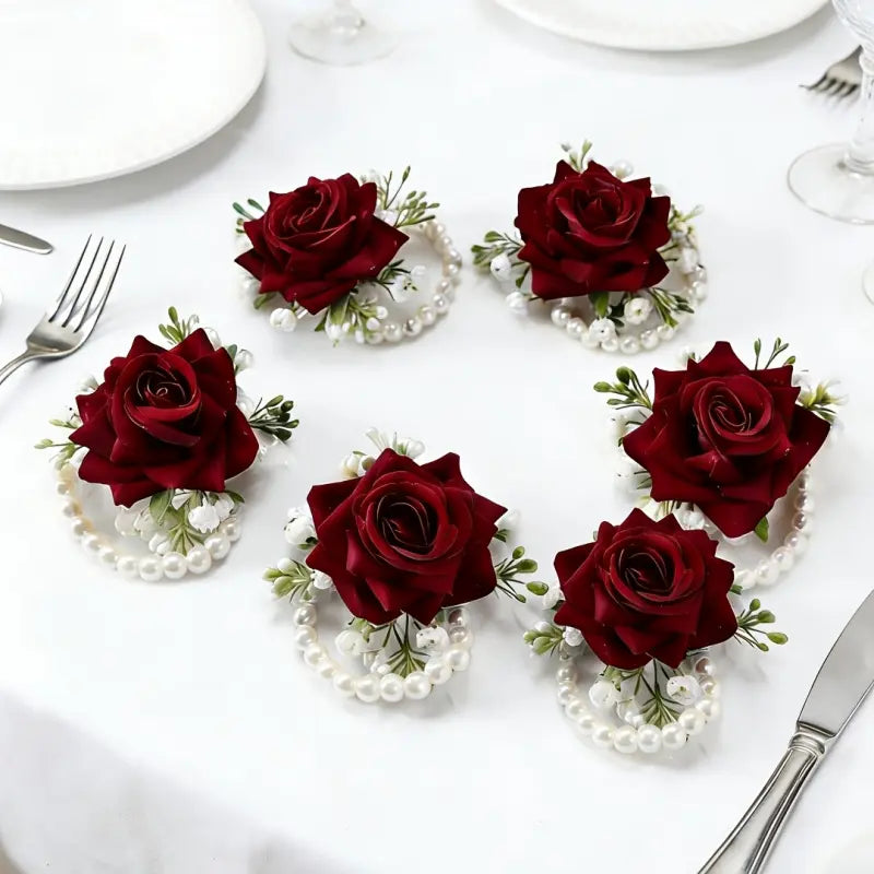 6Pcs Elegant Fabric Rose Wrist Corsage Set, Artificial Floral Wrist Accessories for Vintage Wedding Bridal Party Prom, Reusable Formal Ceremony Outfit Decor Supplies