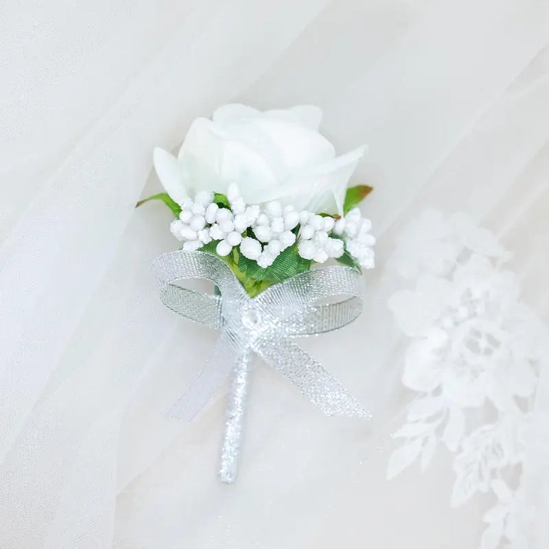 2Pcs White Rose Corsage and Boutonniere Set, Corsage Wristlet Band for Prom Decorations, Artificial Boutonniere for Men Wedding Party Suit Flower Accessories