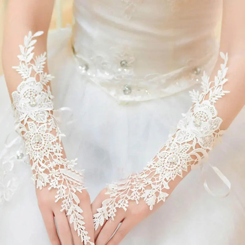 Lace Crystal Women’s Wedding Gloves Fingerless Elbow Bridal Floral Ivory Long Accessory for Bride
