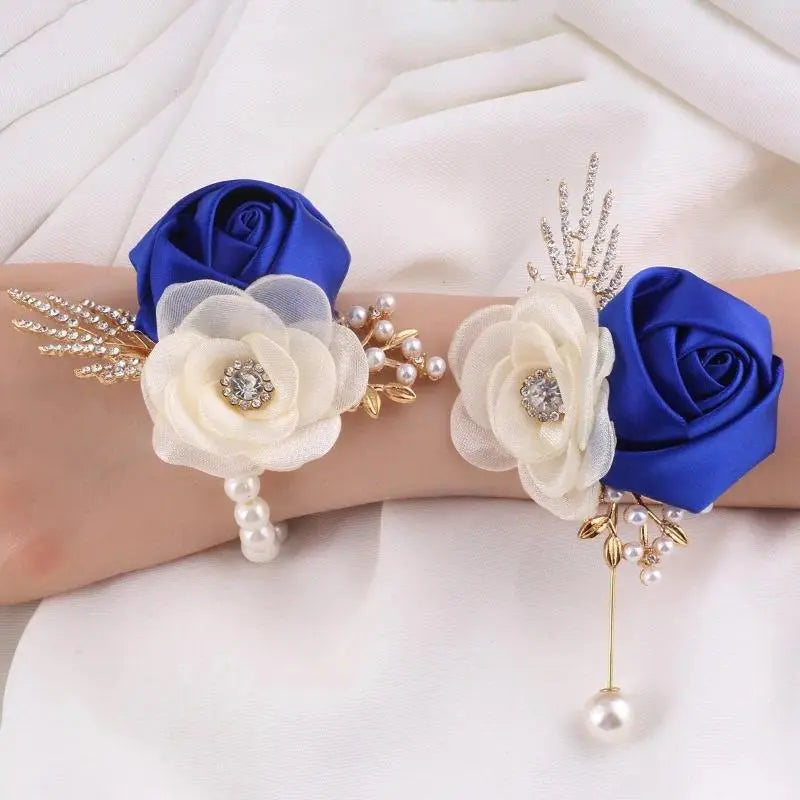 Bridal Groom Polyester Floral Jewelry Set - Groom's Boutonniere, Bride's Wrist Corsage, Elegant Cream Blooms with Dark Greenery for Wedding Ceremony