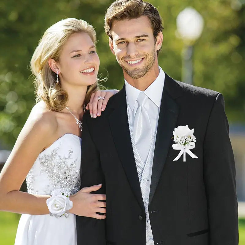 2Pcs White Rose Corsage and Boutonniere Set, Corsage Wristlet Band for Prom Decorations, Artificial Boutonniere for Men Wedding Party Suit Flower Accessories