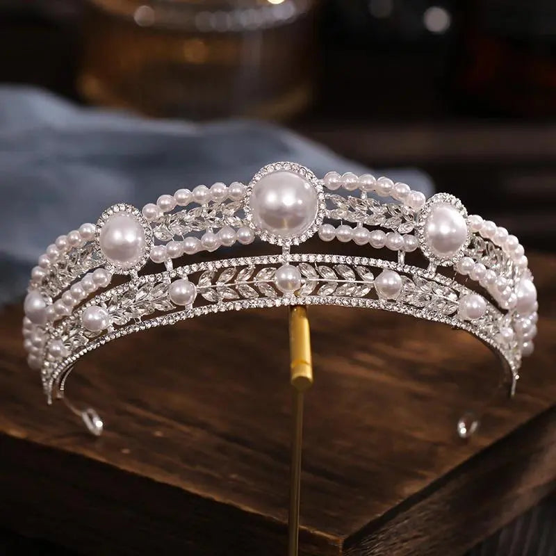 Baroque Crystal Bride Pearl Bridal Tiaras Diana Crown Rhinestone Pageant Diadem Headband Wedding Hair Accessories Tiara De Noiva