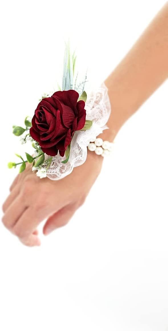Ansofi Burgundy Corsage and Boutonniere for Men Set, Wine Red