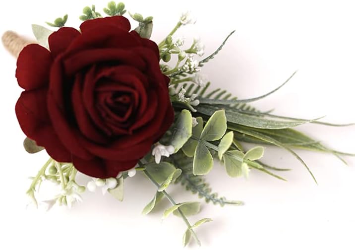Ansofi Burgundy Boutonniere for Men Set of 6, Wine Red Color