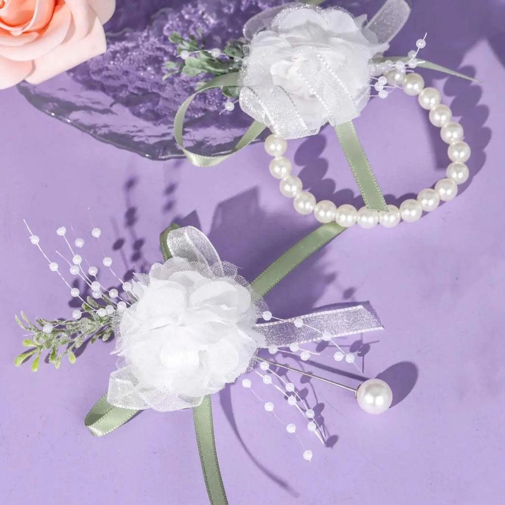 Simple Artificial Pearl Decorated Wrist Corsage & Boutonniere, Elegant Wedding Bridal Party Decoration, Fashion Accessories for Wedding Party